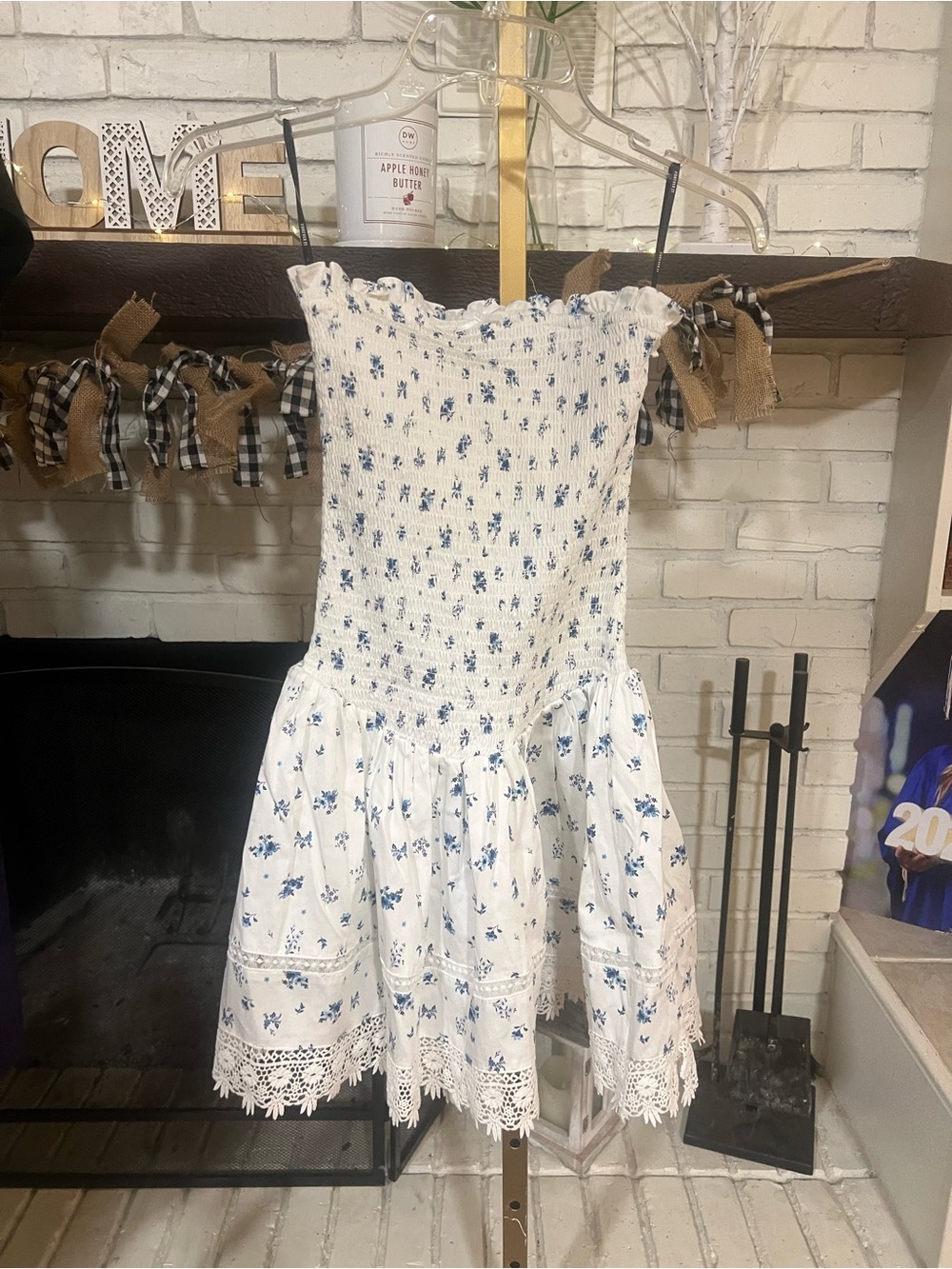 Forever 21 White Dress with Blue Floral Smocking and Lace